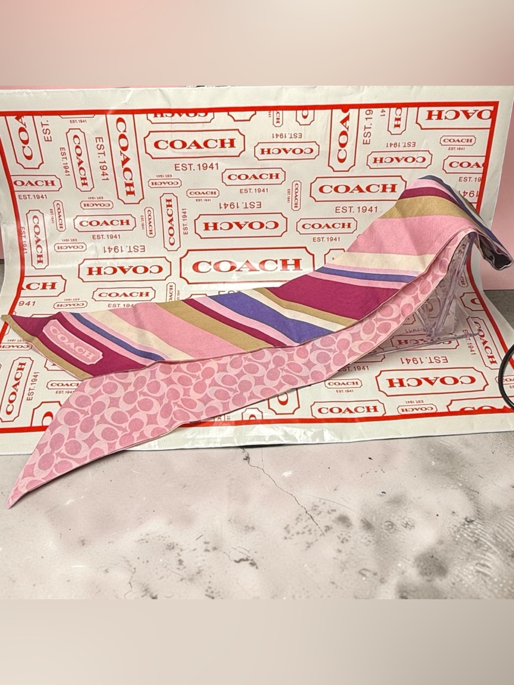 Coach Pink Multicolor Striped & Signature Print Silk Scarf Wrap